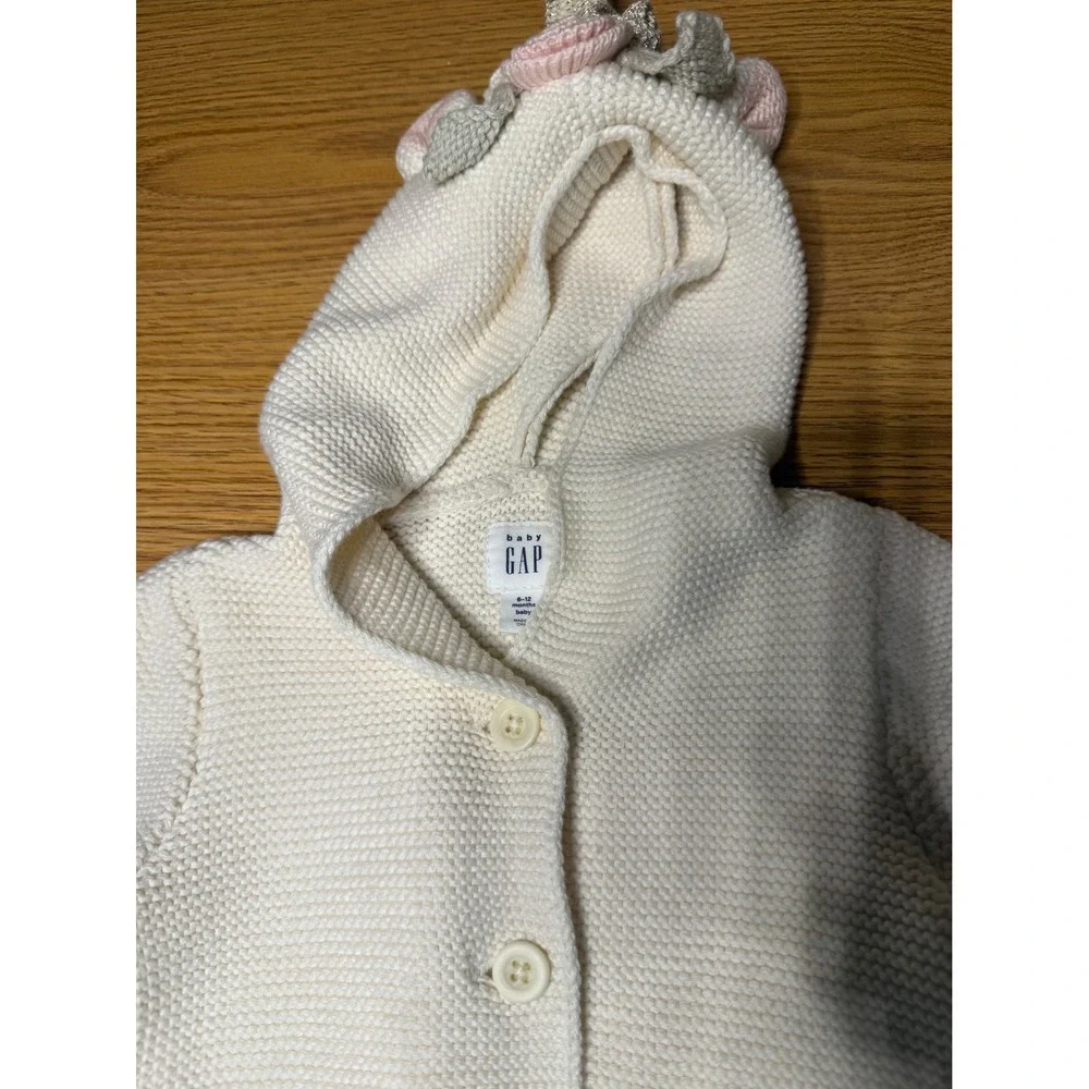 Baby Gap Unicorn Knit Hooded Cardigan Sweater Cream Floral 6-12M Whimsical